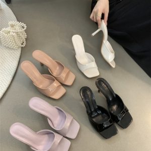 Soft Patent Leather High Heel Slippers 2024 Summer Versatile Square Toe Open Toe Solid Color One-Band Casual Slippers