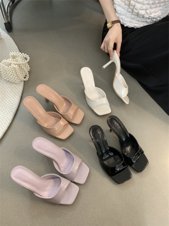 Soft Patent Leather High Heel Slippers 2024 Summer Versatile Square Toe Open Toe Solid Color One-Band Casual Slippers