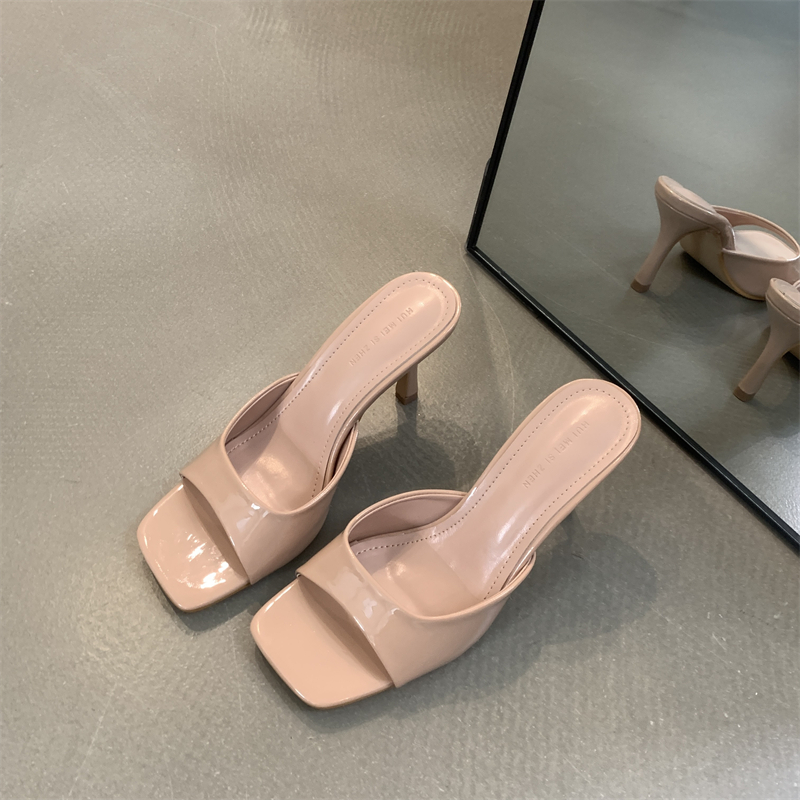 Soft Patent Leather High Heel Slippers 2024 Summer Versatile Square Toe Open Toe Solid Color One-Band Casual Slippers - Image 2