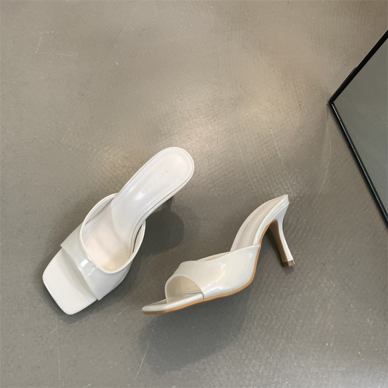 Soft Patent Leather High Heel Slippers 2024 Summer Versatile Square Toe Open Toe Solid Color One-Band Casual Slippers - Image 3