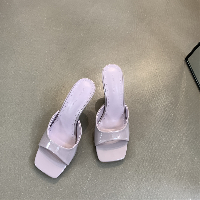 Soft Patent Leather High Heel Slippers 2024 Summer Versatile Square Toe Open Toe Solid Color One-Band Casual Slippers - Image 4