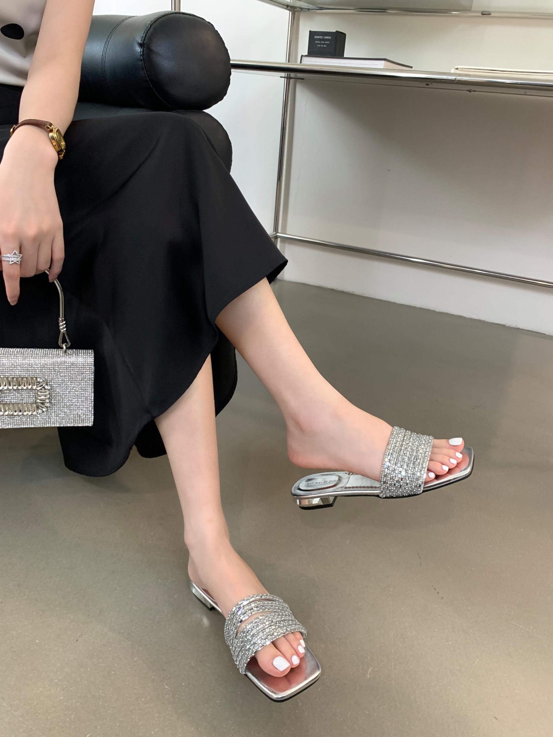 Square Toe Open Toe Solid Color Rhinestone Thin Strap 2024 Summer Korean Style Low Heel Versatile Fairy Outdoor Flat Slippers - Image 3