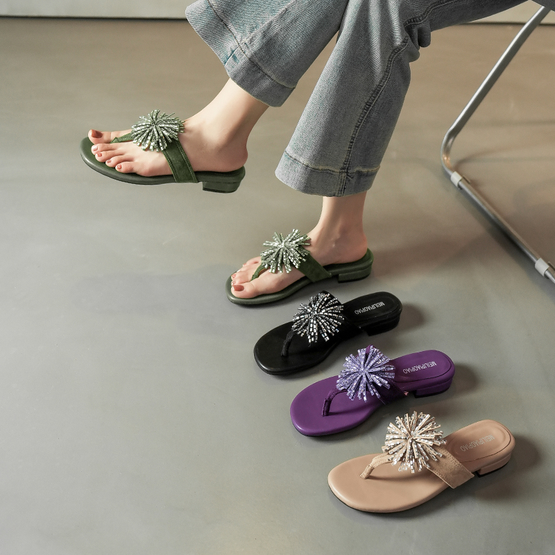 Summer New Firework Rhinestone Design Bohemian Women's Chunky Heel Toe Clip Sandals - Image 2