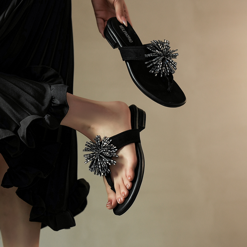 Summer New Firework Rhinestone Design Bohemian Women's Chunky Heel Toe Clip Sandals - Image 3