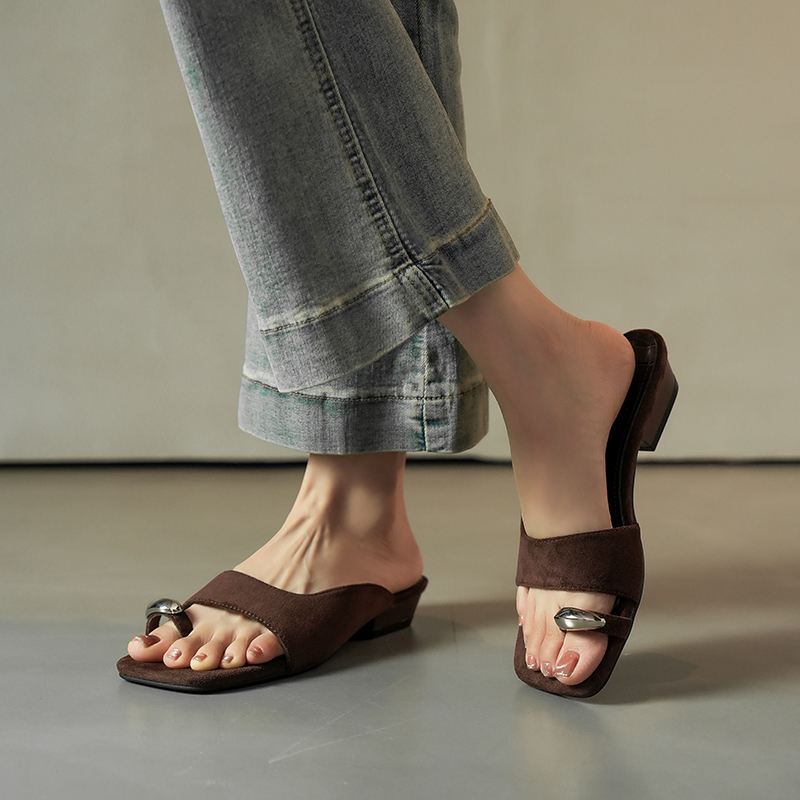 Ultra Soft Leather Square Toe Block Heel Slide Sandals for Women 2026 Summer Retro Style - Image 3