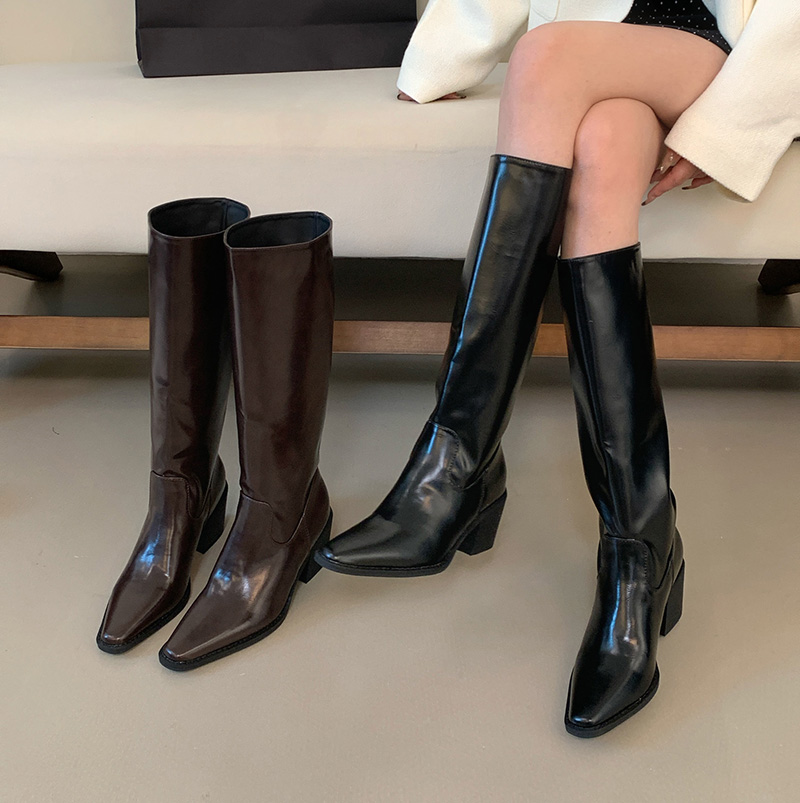Women's Square Toe Chunky Heel Riding Boots Brown Black PU Leather Tall Boots for Petite