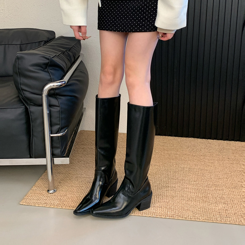Women's Square Toe Chunky Heel Riding Boots Brown Black PU Leather Tall Boots for Petite - Image 3