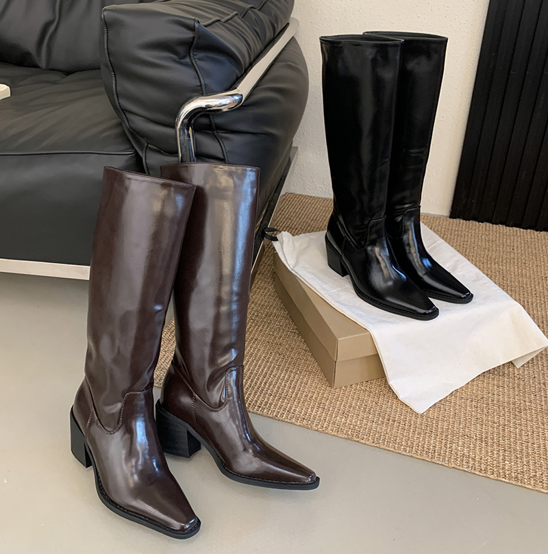 Women's Square Toe Chunky Heel Riding Boots Brown Black PU Leather Tall Boots for Petite - Image 4