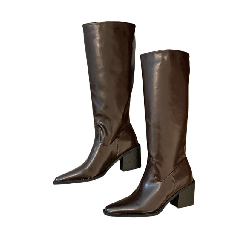 Women's Square Toe Chunky Heel Riding Boots Brown Black PU Leather Tall Boots for Petite - Image 5
