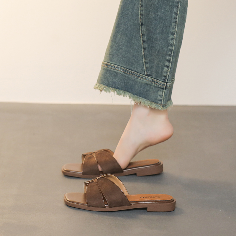 Women's Summer Boho Flat Sandals Open Toe Slip On Low Heel Beach Sandals White Brown - Image 3