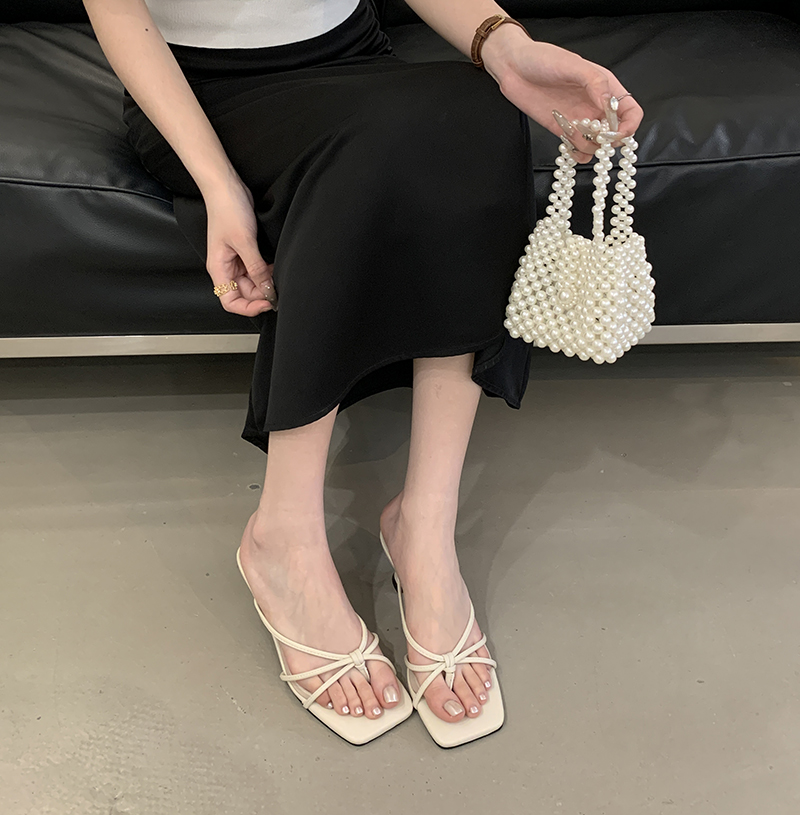 Women's Summer Fairy Style White Slippers with Thin Heel French Elegant High Heel Sandals - Image 3